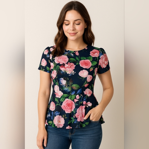 𝅺BETSY Johnson floral peplum sleeveless top size 14 EUC - Picture 1 of 10